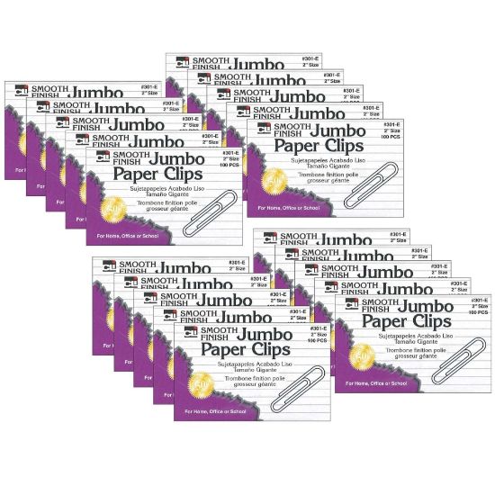 Picture of Charles Leonard Jumbo Gem Paper Clips, 100 Clips Per Box, Pack Of 20 Boxes, 2in, Silver, 2,000 Clips