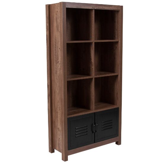 Picture of Flash Furniture 60inH 6-Cube Bookcase With Metal Cabinet Doors, Crosscut Oak