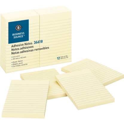 Picture of Business Source Ruled Adhesive Notes - 4in x 6in - Rectangle - Ruled - Yellow - Solvent-free Adhesive, Self-adhesive - 12 / Pack