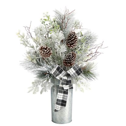 Picture of Nearly Natural 28inH Frosted Greenery And Pine Cone Artificial Christmas Arrangement With Plaid Bow And Decorative Tin, 28inH x 13inW x 10inD, Silver