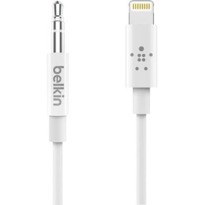 Picture of Belkin 3.5 mm Audio Cable With Lightning Connector - 3 ft Lightning/Mini-phone Audio/Data Transfer Cable for Audio Device, iPad, iPhone - First End: 1 x Lightning - Male - Second End: 1 x Mini-phone Stereo Audio - Male - White