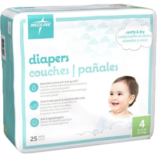 Picture of Medline Disposable Baby Diapers, Size 4, 22-37 Lb, White, 25 Diapers Per Pack, Case Of 8 Packs