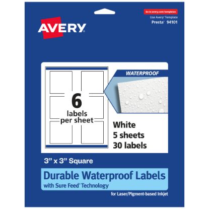 Picture of Avery Waterproof Permanent Labels With Sure Feed, 94101-WMF5, Square, 3in x 3in, White, Pack Of 30