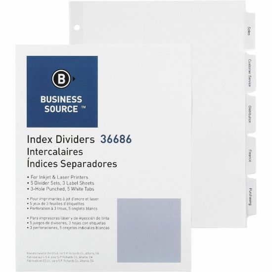 Picture of Business Source Punched Tabbed Laser Index Dividers - 5 Blank Tab(s) - 11in Divider Width - 3 Hole Punched - White Paper Divider - White Tab(s) - Recycled - Mylar Reinforcement, Reinforced, Punched - 5 / Pack