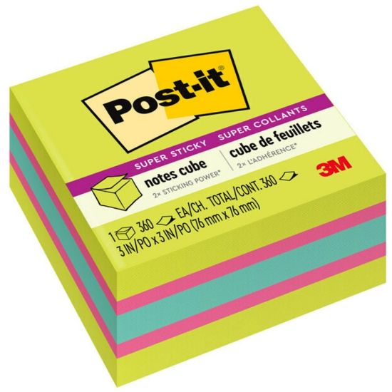 Picture of Post-it Super Sticky Notes Cube - 3in x 3in - Square - 360 Sheets per Pad - Guava, Acid Lime, Aqua Splash - Paper - Sticky, Recyclable - 1 / Pack