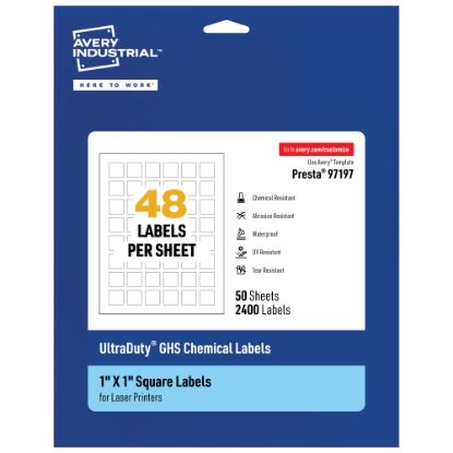 Picture of Avery Ultra Duty Permanent GHS Chemical Labels, 97197-WMU50, Square, 1in x 1in, White, Pack Of 2,400