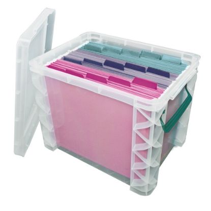 Picture of Super Stacker Plastic Storage Container With Built-In Handles And Snap Lid, 19 Liters, Clear/Sea Breeze