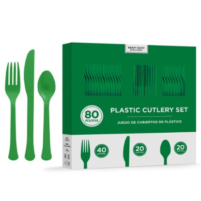 Picture of Amscan 8016 Solid Heavyweight Plastic Cutlery Assortments, Festive Green, 80 Pieces Per Pack, Set Of 2 Packs