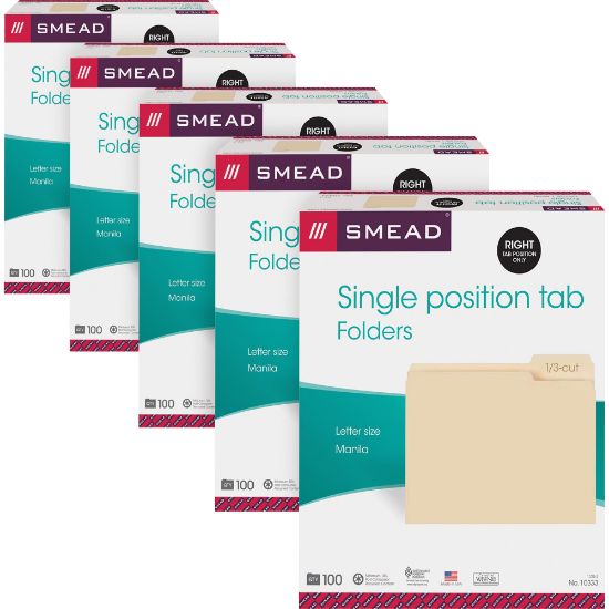 Picture of Smead Top Tab File Folders, Letter Size, 8 1/2in x 11in, 1/3 Tab Cut, Right Tab Position, 3/4in Expansion, Manila, Carton Of 500 Folders