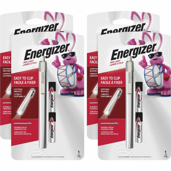 Picture of Energizer LED Pen Light - LED - Bulb - 1 W - 6 lm Lumen - 2 x AAA - Battery - Stainless Steel - Drop Resistant - Silver - 4 / Carton