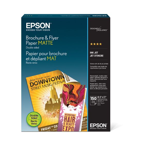 Picture of Epson Brochure & Flyer Paper, White, Letter (8.5in x 11in), 150 Sheets Per Pack, 48 Lb, 97 Brightness