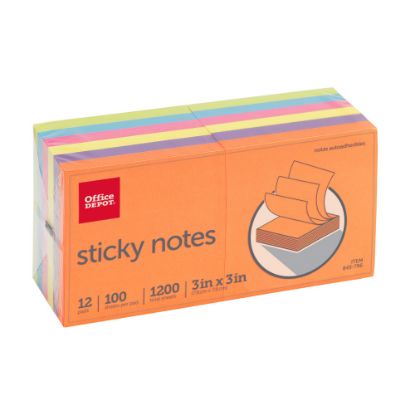 Picture of Office Depot Brand Sticky Notes, 3in x 3in, Assorted Vivid Colors, 100 Sheets Per Pad, Pack Of 12 Pads