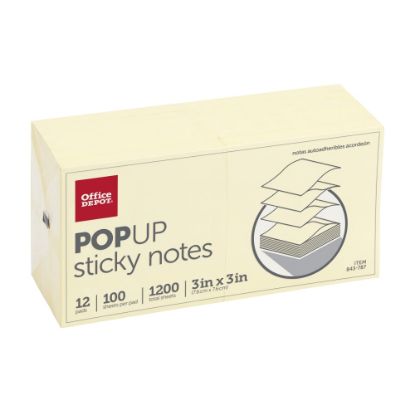 Picture of Office Depot Brand Pop Up Sticky Notes, 3in x 3in, Yellow, 100 Sheets Per Pad, Pack Of 12