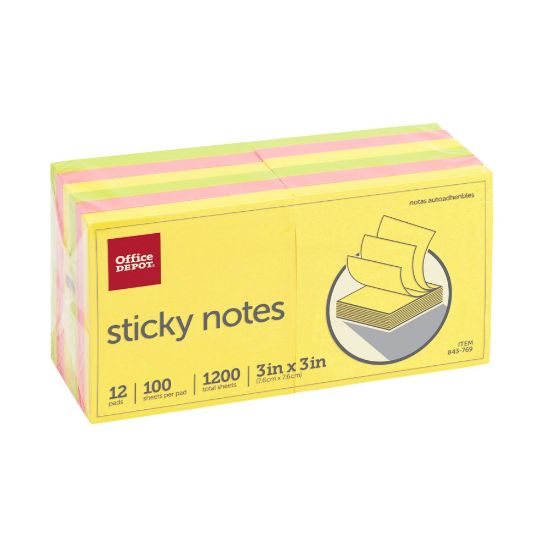 Picture of Office Depot Brand Sticky Notes, 3in x 3in, Assorted Neon Colors, 100 Sheets Per Pad, Pack Of 12 Pads, 21332-BRIGHT