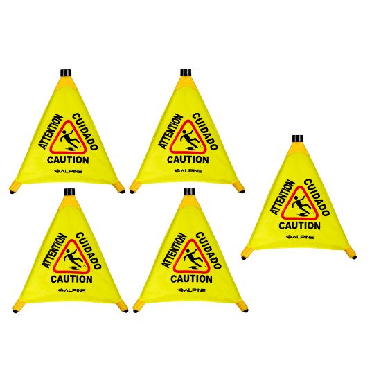 Picture of Alpine Industries Multilingual Pop-Up Wet Floor Signs, 22-1/4in x 3in, Yellow, Pack Of 5 Signs