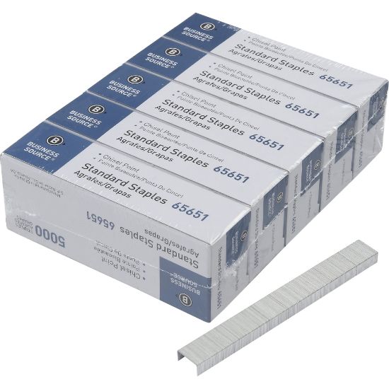 Picture of Business Source Chisel Point Standard Staples - 210 Per Strip - Standard - 1/4in Leg - 1/2in Crown - Holds 30 Sheet(s) - for Paper - Chisel Point - Silver - Galvanized Iron5 / Pack