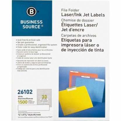 Picture of Business Source Laser/Inkjet File Folder Labels - 21/32in Width x 3 7/16in Length - Permanent Adhesive - Rectangle - Laser, Inkjet - White - Paper - 30 / Sheet - 1500 / Pack - Jam-free, Lignin-free, Self-adhesive