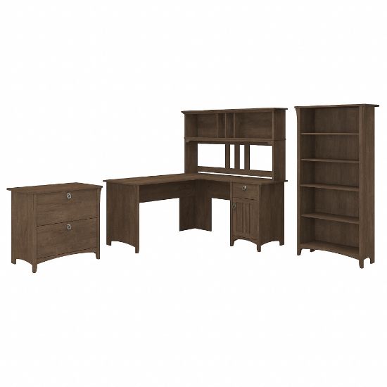 Picture of Bush Furniture Salinas 60inW L Shaped Desk with Hutch, Lateral File Cabinet and 5 Shelf Bookcase, Ash Brown, Standard Delivery