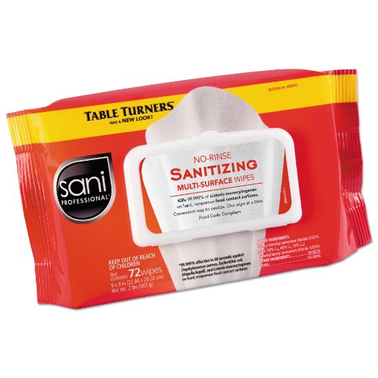 Picture of Sani Professional Table Turners No-Rinse Sanitizing Multi-Surface Wipes, 9in x 8in, 25.63 Oz, 72 Wipes Per Pack, Carton Of 12 Packs