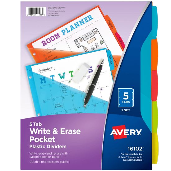 Picture of Avery Write & Erase Durable Plastic Dividers With Pockets, 8-1/2in x 11in, Multicolor, Pack Of 5 Dividers