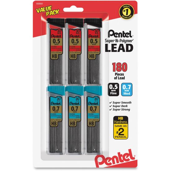 Picture of Pentel Super Hi-Polymer Lead Refills Value Pack - 0.5 mm, 0.7 mm Point - #2 - Black - Break Resistant - 6 / Pack