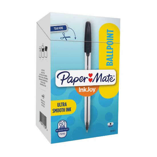 Picture of Paper Mate InkJoy 50ST Stick Ballpoint Pens, Medium Point, 1.0 mm, Clear Barrels, Black Ink, Box of 60