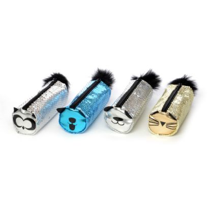 Picture of Inkology Sequin Pet Pencil Pouches, 3inH x 3inW x 8inD, Assorted Colors, Pack Of 8 Pouches