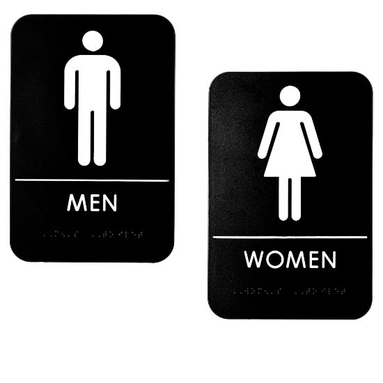 Picture of Alpine Men And Women Restroom Signs, 9in x 6in, Black/White, Pack Of 14 Signs