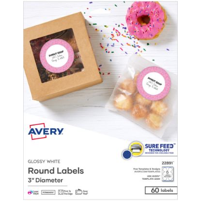 Picture of Avery Print-to-the-Edge Labels, 22891, 3in, Glossy White, 6 Labels Per Sheet, Pack Of 10 Sheets