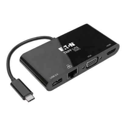 Picture of Tripp Lite USB C Docking Station Adapter Converter 4K w/ HDMI, VGA, Gigabit Ethernet, USB-A Hub, Black, Thunderbolt 3 Compatible - for Notebook/Tablet/Smartphone/Projector/Monitor - USB 3.1 Type C - 2 x USB Ports