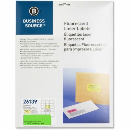 Picture of Business Source Neon Labels - 1in Width x 2 5/8in Length - Permanent Adhesive - Rectangle - Laser - Neon Green - 30 / Sheet - 750 / Pack - Jam-free, Pressure Sensitive