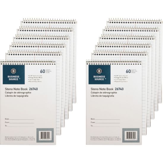 Picture of Business Source Steno Notebook - 60 Sheets - Wire Bound - Gregg Ruled Margin - 15 lb Basis Weight - 6in x 9in - White Paper - Stiff-back - 12 / Pack