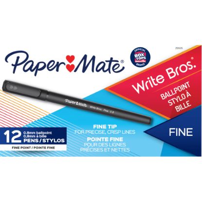 Picture of Paper Mate Write Bros Ballpoint Stick Pens, 0.8 mm, Fine Point, Black Barrel, Black Ink, Pack Of 12 Pens