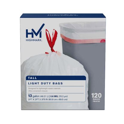 Picture of Highmark Tall 0.6 mil Drawstring Kitchen Trash Bags, 13 Gallon, 24in x 28in, White, Box Of 120