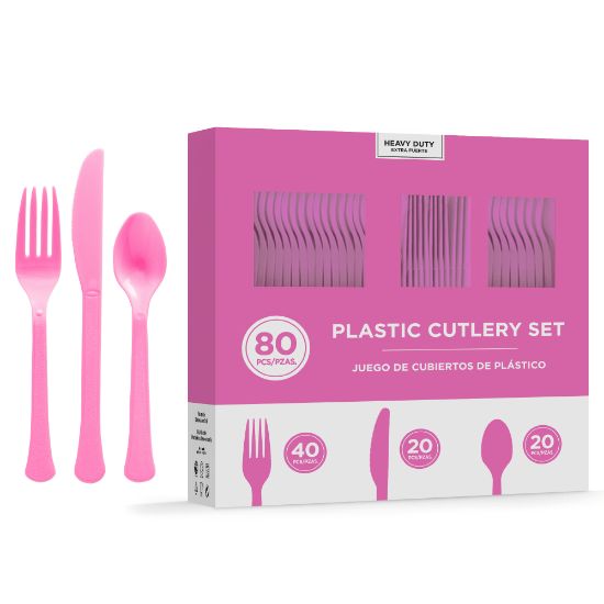 Picture of Amscan 8016 Solid Heavyweight Plastic Cutlery Assortments, Bright Pink, 80 Pieces Per Pack, Set Of 2 Packs