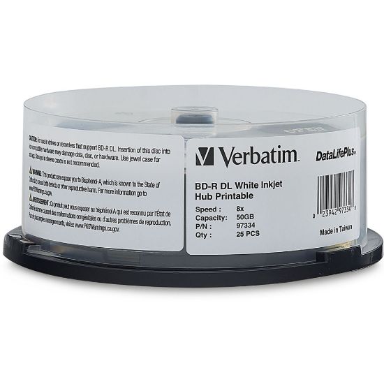 Picture of Verbatim BD-R DL 50GB 8X, White Label, DataLife+, White InkJet Hub Printable, 25PK Spindle - 50GB - 120mm Standard - 25 Pack Spindle