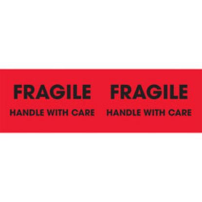 Picture of Tape Logic Preprinted Pallet Protection Labels, DL3131, 10in x 3in, CornerStyle, "Fragile / Handle With Care," Fluorescent Red, Roll Of 500