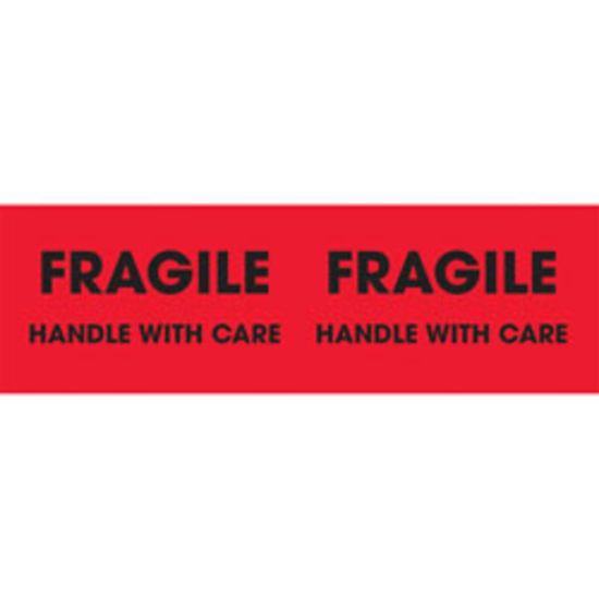 Picture of Tape Logic Preprinted Pallet Protection Labels, DL3131, 10in x 3in, CornerStyle, "Fragile / Handle With Care," Fluorescent Red, Roll Of 500