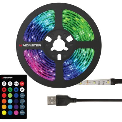 Picture of Monster Multi Color LED Light Strip - 6.5ft - 0.3in Height - 0.2in Width - LED Bulb - USB Powered, Adjustable Brightness, Self-adhesive - Black - for Bedroom, Office, Living Room