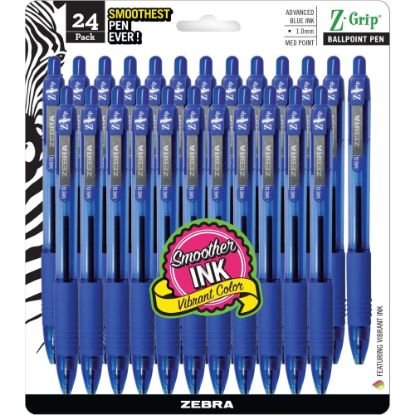 Picture of Zebra Pen Z-Grip Retractable Ballpoint Pens, Pack Of 24, Medium Point, 1.0 mm, Blue Barrel, Blue Ink