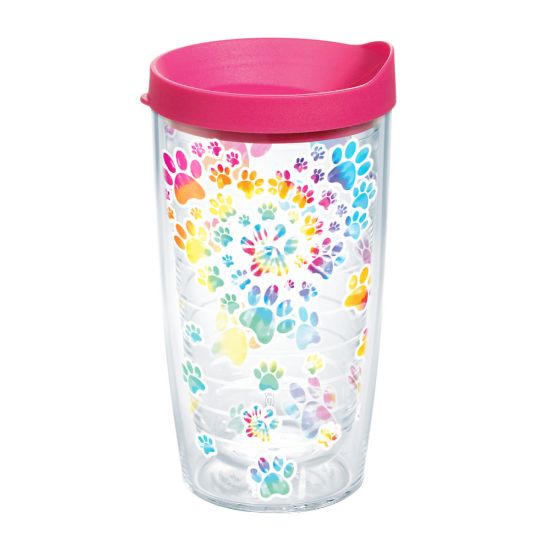 Picture of Tervis Project Paws Tumbler With Lid, Tie Dye Paw Heart, 16 Oz, Clear/Fuchsia