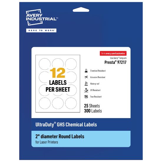 Picture of Avery Ultra Duty Permanent GHS Chemical Labels, 97217-WMU25, Round, 2in Diameter, White, Pack Of 300