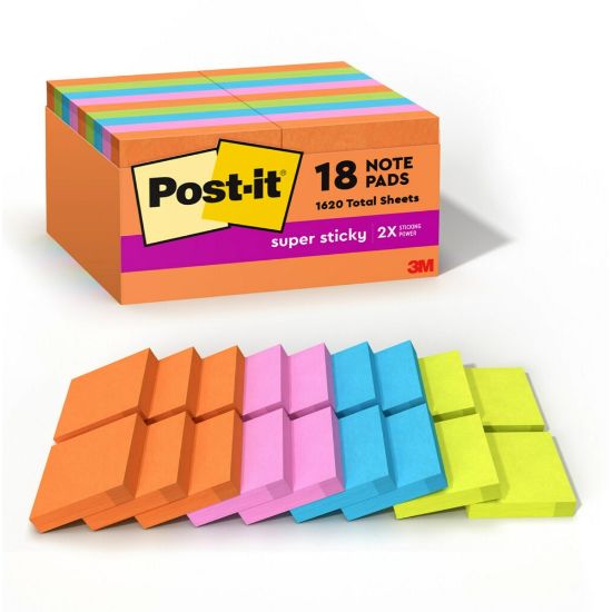 Picture of Post-it Super Sticky Notes, 1-7/8 in x 1-7/8 in, 18 Pads, 90 Sheets/Pad, 2x the Sticking Power, Back to School Supplies for Students, Sticky Notes for Textbooks and Notebooks, Energy Boost Collection