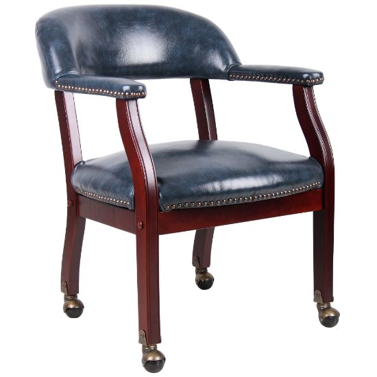 Picture of Boss Office Products Captains Guest Arm Chair, With Casters, Blue/Mahogany