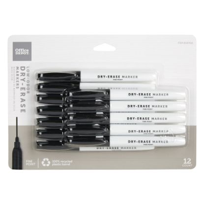 Picture of Office Depot Brand Low-Odor Pen-Style Dry-Erase Markers, Fine Point, 100% Recycled Plastic Barrel, Black Ink, Pack Of 12