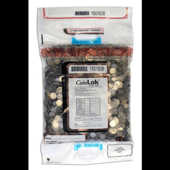 Picture of CoinLOK Tamper Evident Coin Bags, 14 1/2in x 25in, Dual Handle, Clear, 50 lb Capacity, Pack Of 250