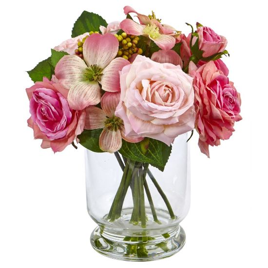 Picture of Nearly Natural Rose And Berry 10inH Plastic Floral Arrangement With Vase, 10inH x 9inW x 9inD, Pink