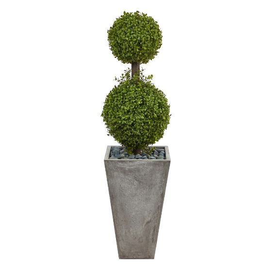 Picture of Nearly Natural Boxwood Double Ball Topiary 4'H Artificial Tree With Planter, 48inH x 13inW x 13inD, Green/Gray