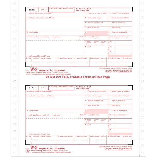 Picture of TOPS Carbonless Standard W-2 Tax Forms, 5 1/2in x 8 1/2in, 4-Part, White, Pack Of 24