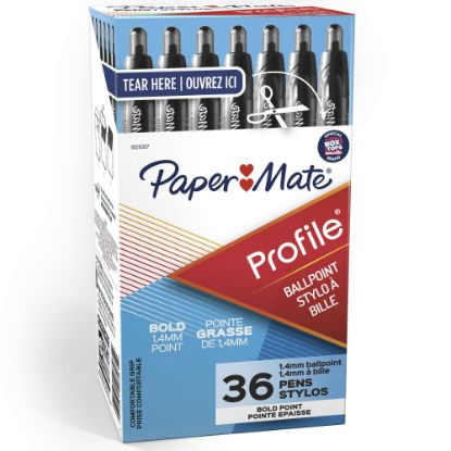 Picture of Paper Mate Profile Retractable Ballpoint Pens, Bold Point, 1.4mm, Translucent Black Barrel, Black Ink, Pack Of 36